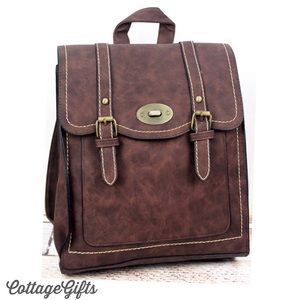 NEW Vintage Style Faux Leather Buckle Backpack Brown Vegan Leather